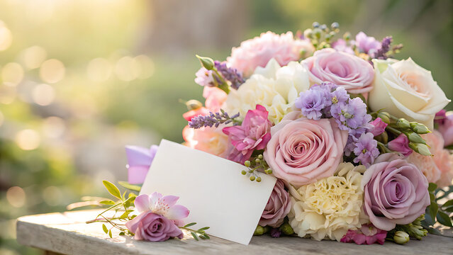Beautiful wedding bouquet of pink, purple, and white roses and flowers with a blank card resting on a wooden surface outdoors in soft sunlight - Powered by Adobe