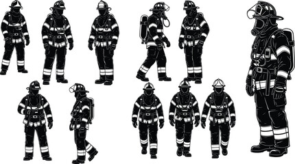 Silhouette illustration of firefighter in protective gear, helmet, breathing apparatus, walking and standing poses for emergency, safety, rescue design