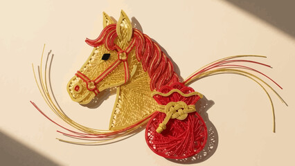 Golden Horse Artwork: A detailed, artistic creation showcasing a horse head, expertly crafted with golden and red threads, reflecting intricate design and artisanal skill.