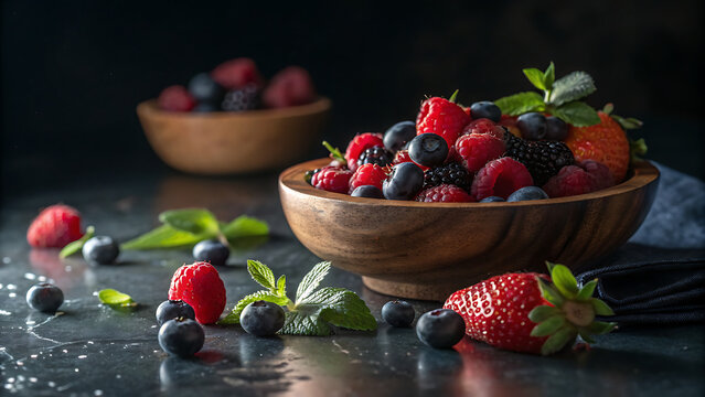 Delicious fresh mixed berries in wooden bowl with strawberries and blueberries scattered on dark surface, healthy summer fruit concept - Powered by Adobe
