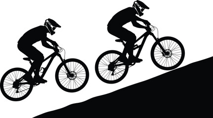 Obraz premium Silhouette mountain biker riding uphill on rugged terrain with helmet, showing motion, strength, endurance, outdoor adventure and physical effort