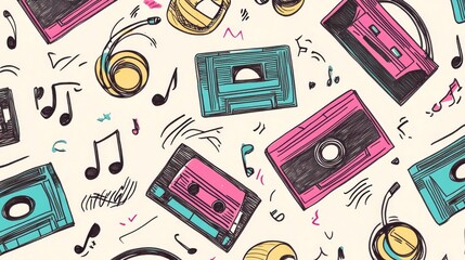 Vibrant retro music equipment pattern for nostalgic audiophiles and vintage enthusiasts.