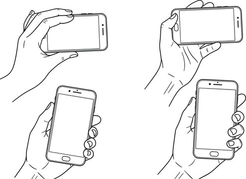 Smartphone hand-holding illustration set, horizontal and vertical grip sketch, mobile usage posture drawing, flat vector line art