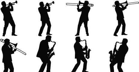 Musician silhouette vector set of trumpet, trombone, saxophone players in black isolated style for musical performance and band illustration © anisur-creatives