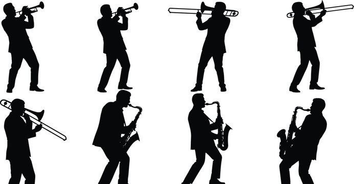 Musician silhouette vector set of trumpet, trombone, saxophone players in black isolated style for musical performance and band illustration