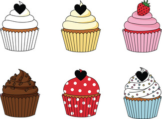 Set of colorful holiday sweet cupcakes vector illustration, frosting strawberry sprinkle topped dessert collection, bakery pastry graphic design element isolated.