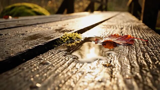 Autumnal Wooden Table Reflections with Leaves and Moss in Natural Sunlight