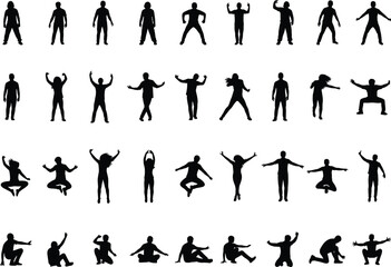 Diverse human body silhouette pose set, man woman stretching jumping standing fitness figures, exercise action collection vector illustration isolated.