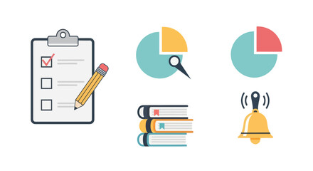 Collection of Icons Representing Education Tasks and Data Analysis.