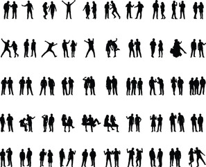 Large diverse group people silhouette set, interacting standing talking dancing friendship social figures, community partnership background vector graphic element isolated.