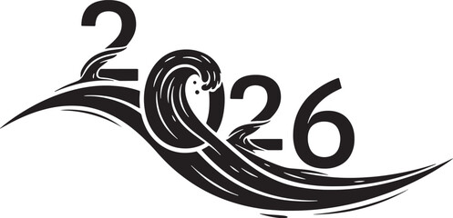 Year 2026 with ocean wave design, creative new year typography in black calligraphic style for celebration and greeting card. © Yousha Jajan