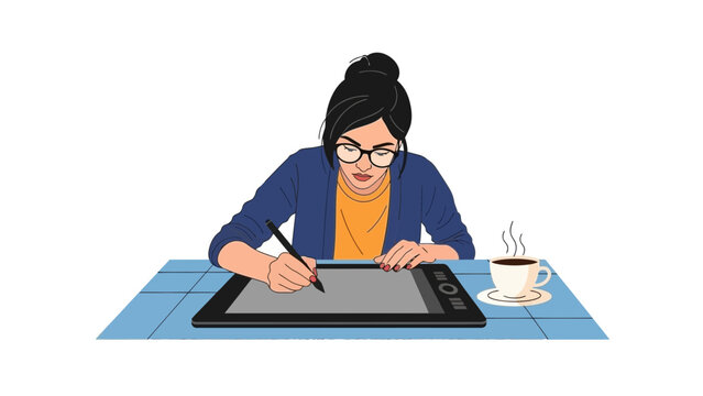 Female graphic designer working on drawing tablet vector illustration