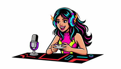 Energetic young streamer playing games using controller vector illustration