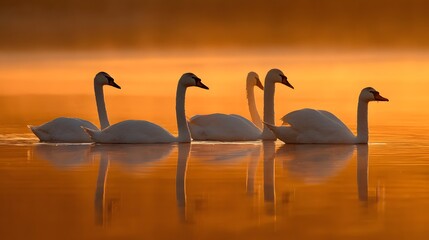 A serene flock of swans glides gracefully across a tranquil lake at sunset. © sungedi