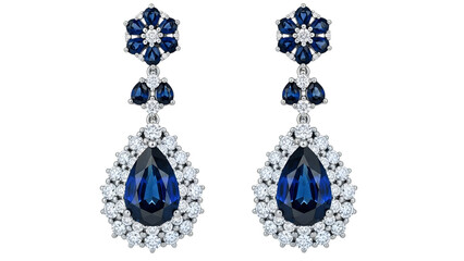 Elegant sapphire and diamond dangle earrings isolated on transparent background
