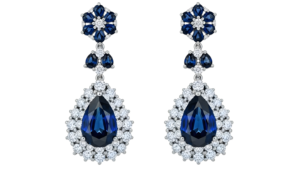 Elegant sapphire and diamond dangle earrings isolated on transparent background