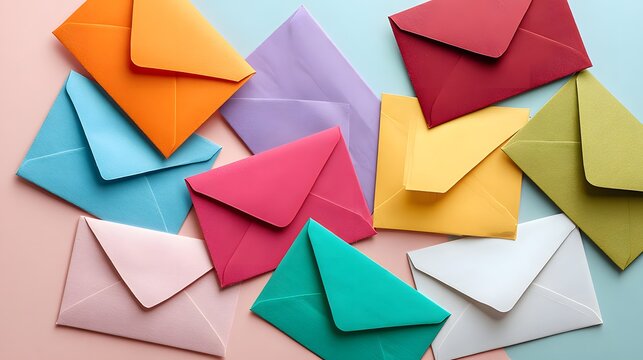 A Vibrant Assortment of Colorful Envelopes Scattered on a Pastel Background.