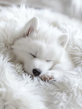 Cute white puppy sleeping on fluffy blanket.
