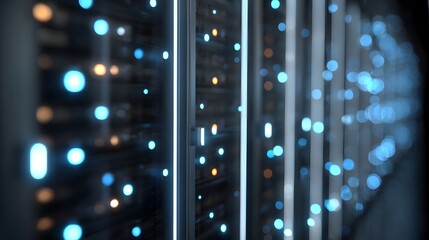 Abstract Digital Data Flow with Glowing Blue and Orange Particles.