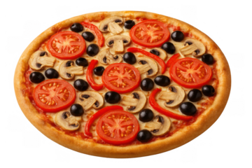 Round vegetarian pizza with tomatoes, mushrooms, black olives, and red peppers, prepared for various culinary themes, transparent background