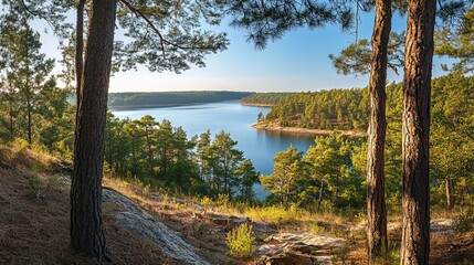 Obraz premium Serene Lake View Through Pine Trees in Forest
