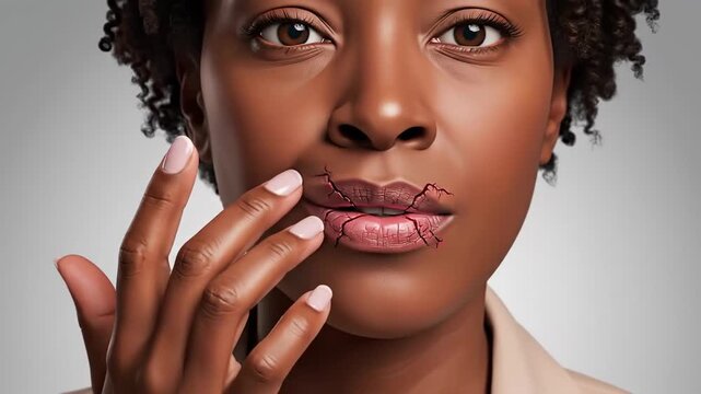 Beauty Concept: Close-Up Of A Woman Touching Cracked Lips Indicating Dryness