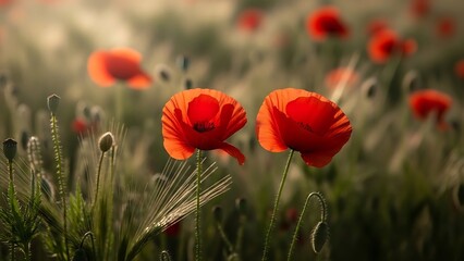 Fototapeta premium Vibrant red poppies swaying gently in a lush green wheat field on a sunny day with soft focus
