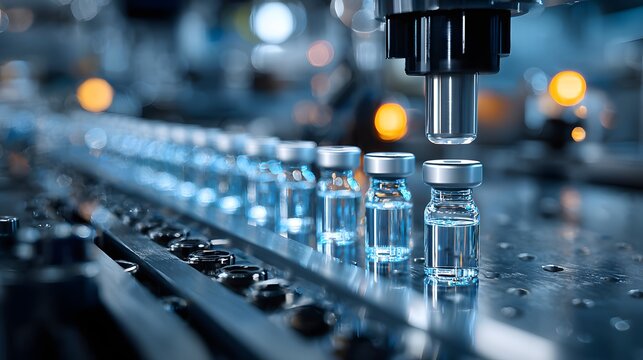 Automated Pharmaceutical Production Line Filling Vials with Medicine.
