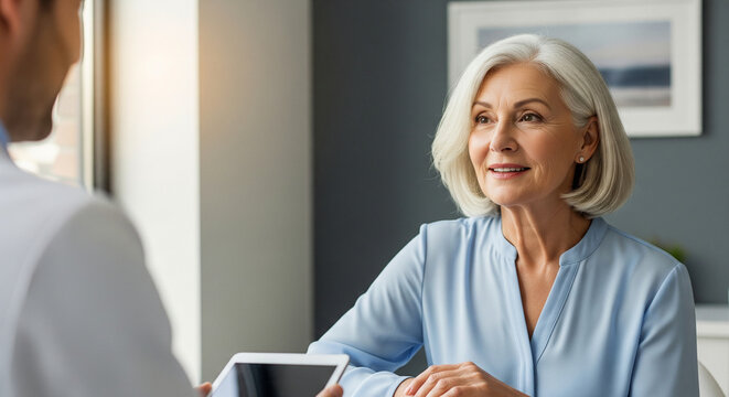 Elderly woman in light blue shirt smiles warmly during a consultation with a medical professional, indoors