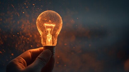 Close up of a hand holding a glowing incandescent light bulb with sparks flying.