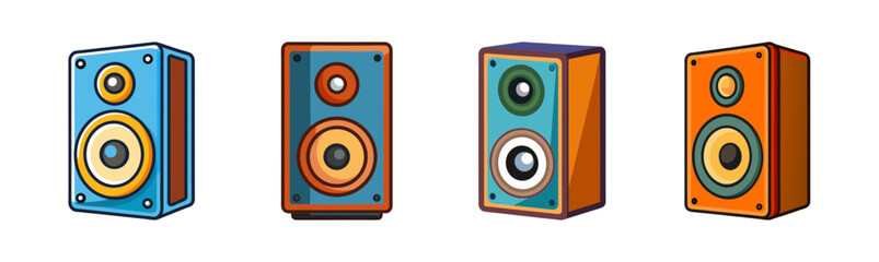 Colorful cartoon audio speakers set, flat design style sound system