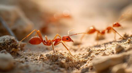Close-up Macro Shot of Red Ants Marching on Sandy Ground in Warm Sunlight.