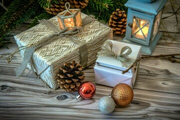 A festive holiday arrangement featuring wrapped gifts, pine cones, ornaments, and lanterns on a rustic wooden surface.