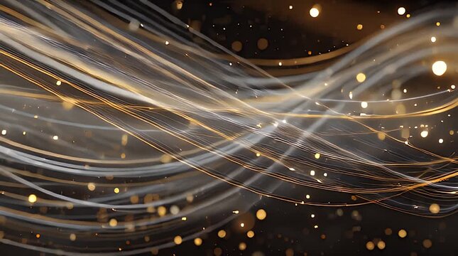 A dark, abstract image with flowing, ribbon-like strands in shades of gold and white, interspersed with sparkling dots of light