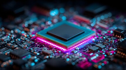Close-up of a glowing computer processor chip on a circuit board with vibrant neon lights.