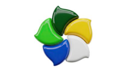 Abstract Circular Logo Design With Five Glossy Petals In Vibrant Green Blue Yellow And White Colors On A Transparent Background