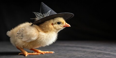 adorable little cute baby chicken Halloween witch in black hat isolated over dark background ,baby chicken on black