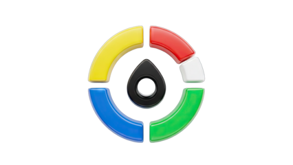 Abstract Circular Logo with Five Segments in Red Yellow Blue Green and White Colors Featuring a Central Black Droplet Shape on a Transparent Background