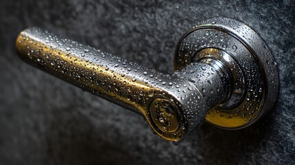 Close-up of a wet metal door handle covered in water droplets.