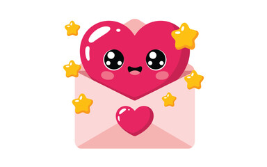 Fototapeta premium An endearing cartoon pink heart with sparkling eyes emerges from an open love letter envelope adorned with stars