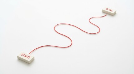 Conceptual Red String Path Connecting Start And Goal Wooden Blocks On White Background, Business Strategy Journey, Career Planning And Achievement Concept