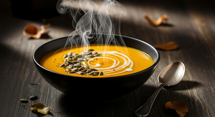 Captivating photos showcase a steamy bowl of rich, creamy pumpkin soup, artfully garnished with crunchy seeds and a swirl, embodying cozy autumn warmth on a rustic wooden table