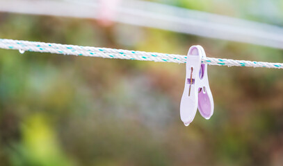 Single Clothespin with Rain Droplets on a Clothesline