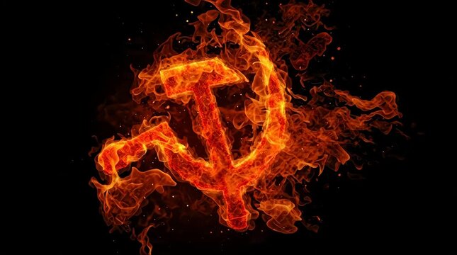 A fiery hammer and sickle symbol, representing communism and revolution, glowing intensely against a dark, black background.