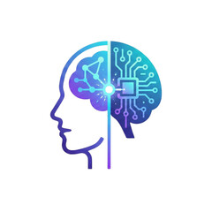 Human brain and artificial intelligence integration vector icon. Profile head with digital circuit board and glowing neural network representing future technology synergy and smart innovation.