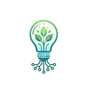Eco-tech innovation vector icon. Glowing lightbulb bulb with green sprouting plant leaves and circuit board roots, representing sustainable energy, ecology and green technology ideas.