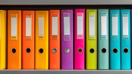 Colorful Ring Binders Lined Up Neatly on a Shelf.