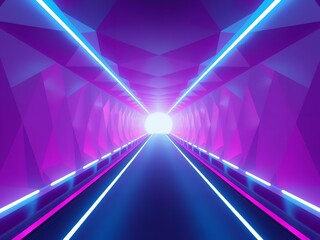 Futuristic neon tunnel with glowing magenta and cyan lights leading toward a bright white exit in a low poly environment