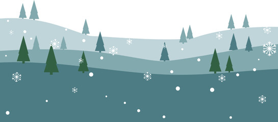 Winter Landscape: A minimalist illustration captures a serene winter scene with rolling hills, evergreen trees, and falling snowflakes, evoking a sense of calm and cold weather