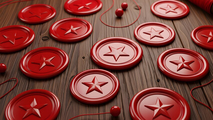 Many red wax seals with star emblem on wooden table vintage style decorative elements